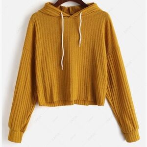 Drop Shoulder Drawstring Ribbed Hoodie Mustard Yellow Gold Orange Small S Women